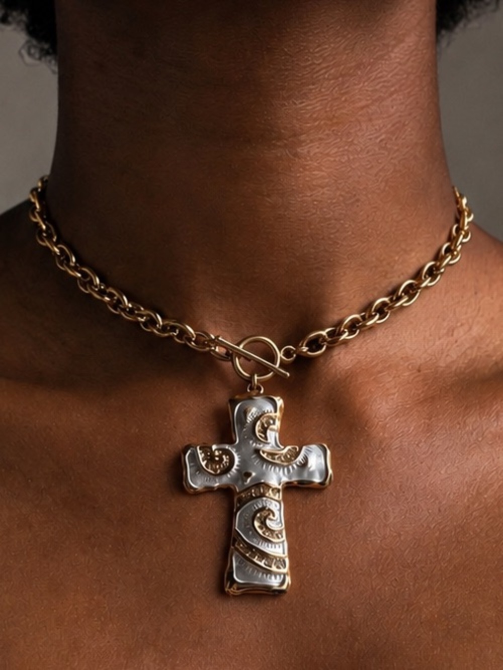 White Cross Pendant Chunky Toggle Necklace - Women Jewelry